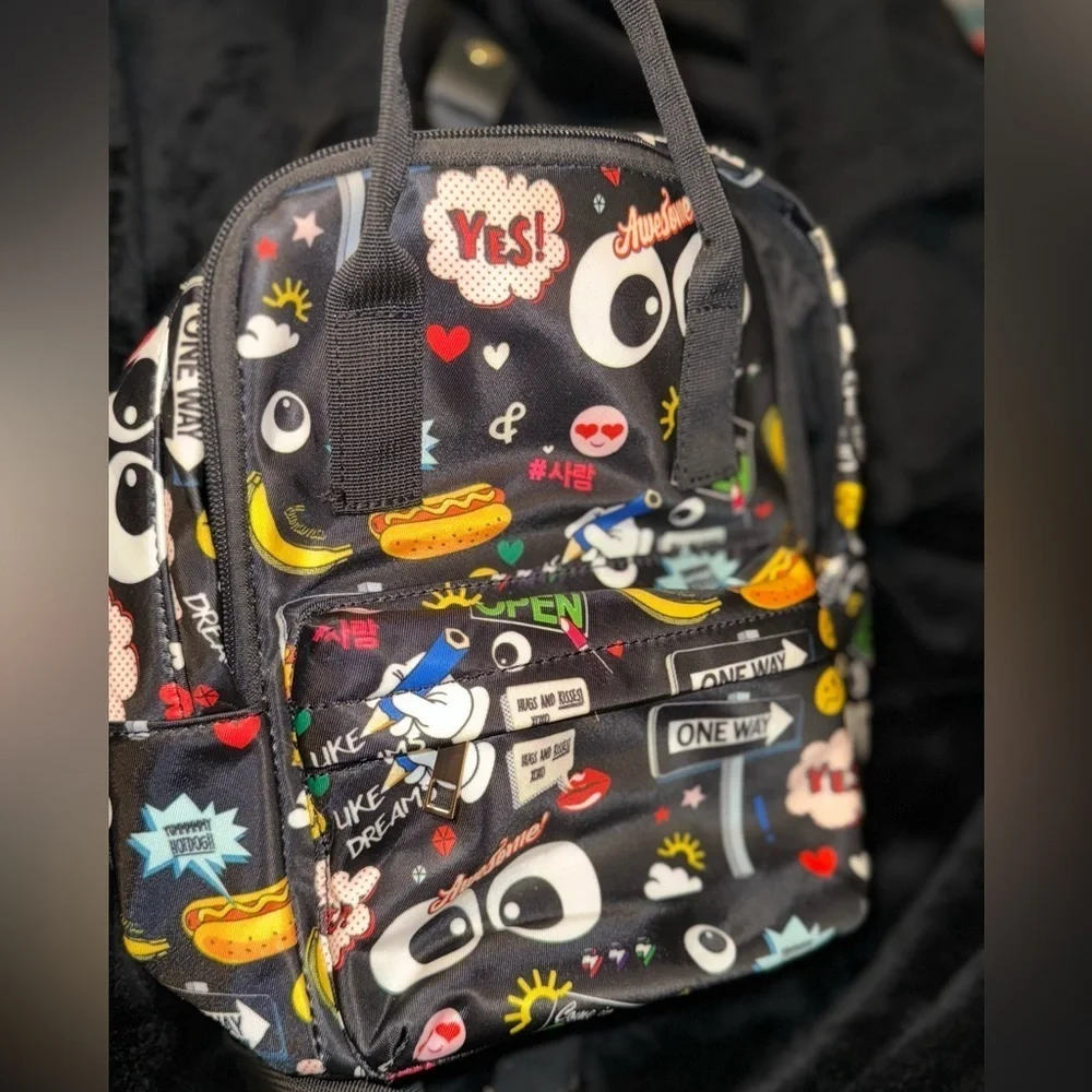 Black Graphic Pop Art Bag with Cartoon Elements
